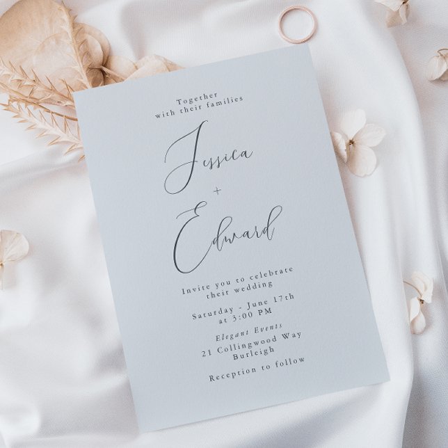 Invitation Élégant Mariage de script bleu de fond côtier (Créateur téléchargé)
