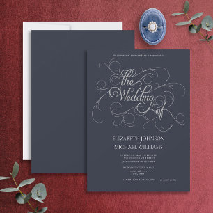 Invitation Elégant Mariage de script bleu et argent de la mar