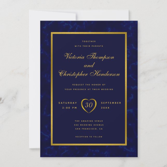 Invitation Élégant Mariage de script bleu et or de la marine  (Devant)