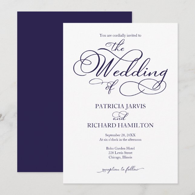 Invitation Élégant Mariage de script bleu marine (Devant / Derrière)