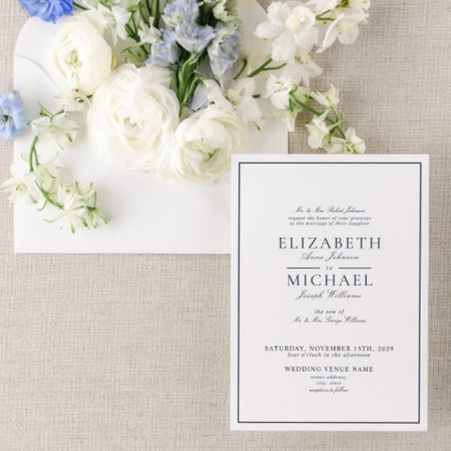 Invitation Élégant Mariage de script classique bleu marine (Créateur téléchargé)