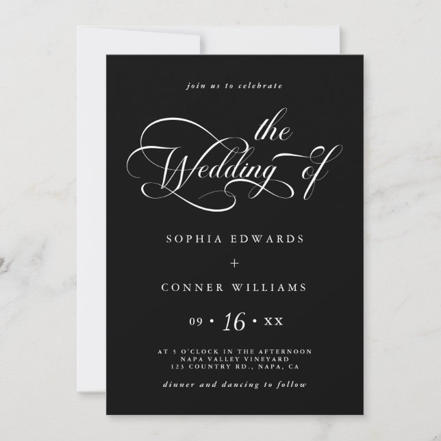 Invitation Élégant Mariage de script de charme noir (Devant)