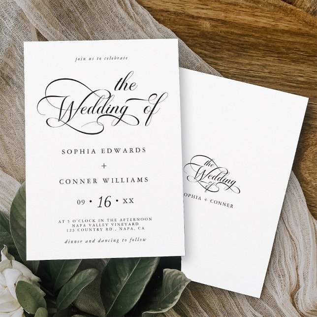Invitation Élégant Mariage de script de charme noir et blanc (Front & Back)