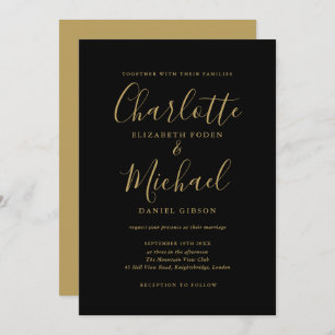 Invitation Élégant Mariage de script de signature noir et or