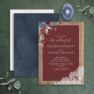 Invitation Elégant Mariage de script en bois bleu Bourgogne d