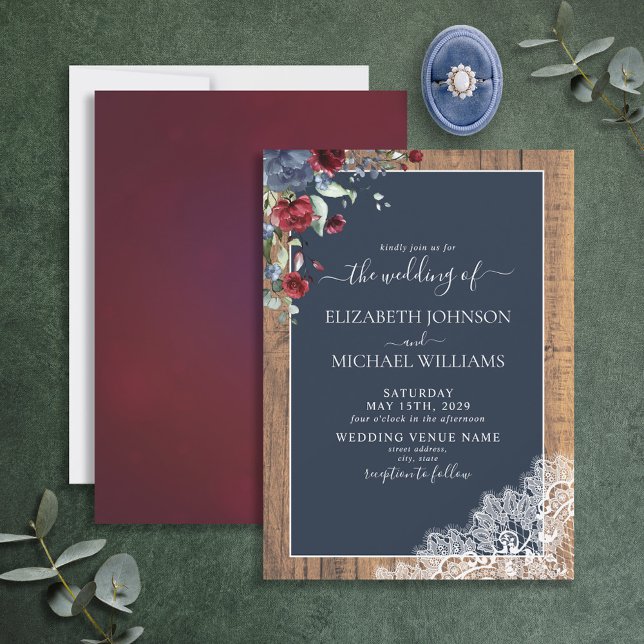 Invitation Elégant Mariage de script en bois bleu Bourgogne d (Créateur téléchargé)