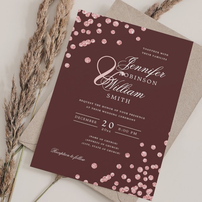 Invitation Élégant Mariage de script Rose or Confetti Bourgog (Elegant Script Wedding Rose Gold Confetti Burgundy Invitation)