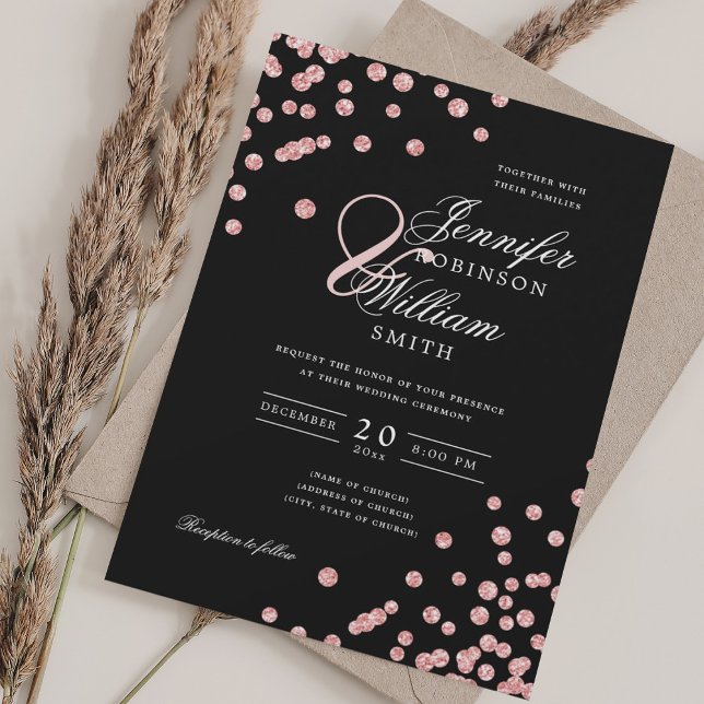 Invitation Élégant Mariage de script Rose or Confetti Noir (Elegant Script Wedding Rose Gold Confetti Black Invitation)