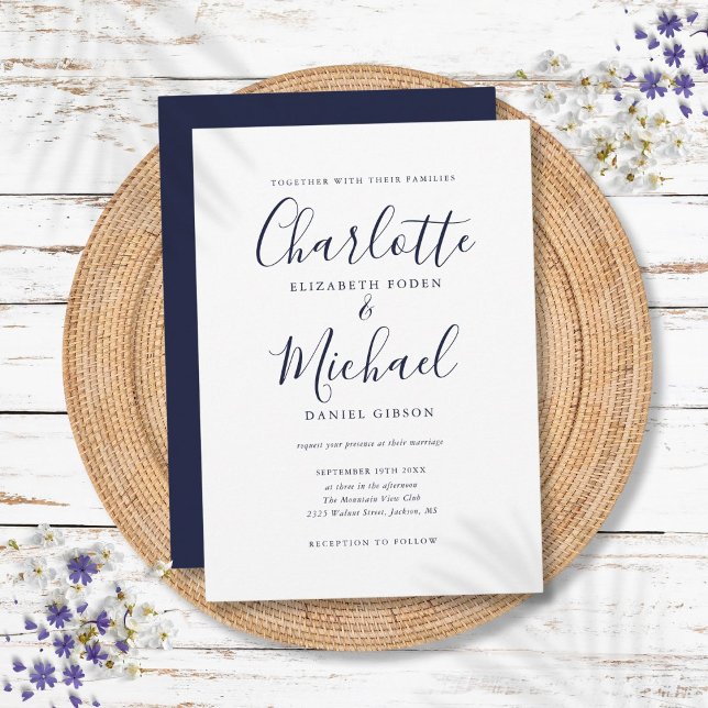 Invitation Élégant Mariage de script signature bleu marine (Elegant Navy Blue Signature Script Wedding Invitation)