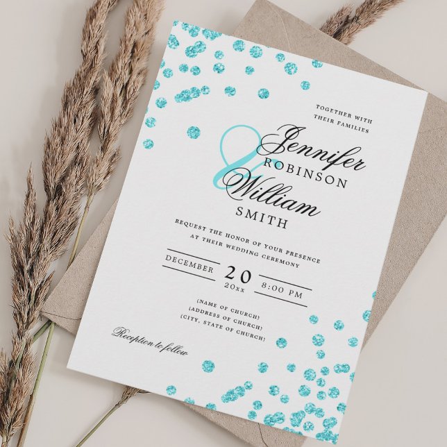 Invitation Élégant Mariage de script Turquoise Confetti QR RS (Elegant Script Wedding Turquoise Confetti QR RSVP Invitation)
