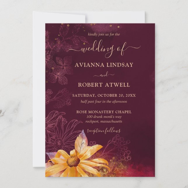 Invitation Élégant Mariage de tournesol jaune rouge bordeaux (Devant)