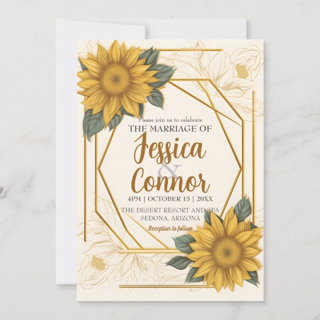 Invitation Elégant Mariage de tournesol ligne de dessin Gold  (Devant)