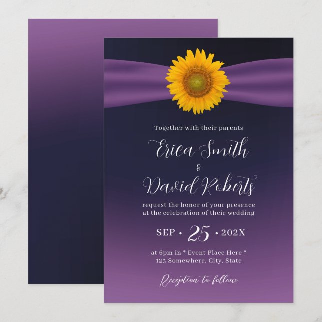 Invitation Élégant Mariage de tournesol violet (Devant / Derrière)