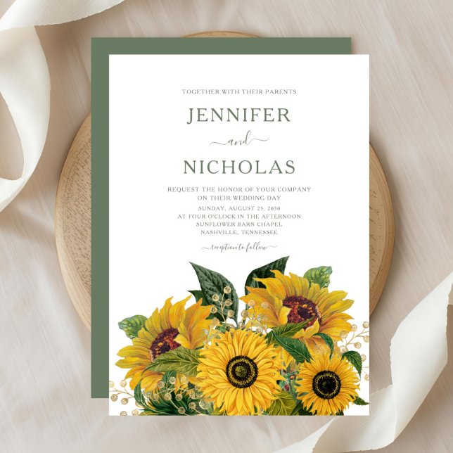 Invitation Élégant Mariage de tournesols floraux verts (Elegant Green Floral Sunflowers Wedding Invitation)