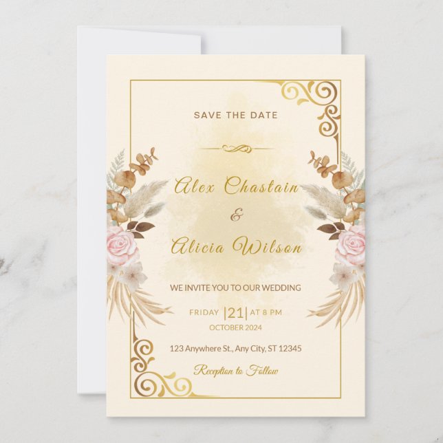 Invitation Élégant Mariage de trame d'or flush d'automne (Devant)