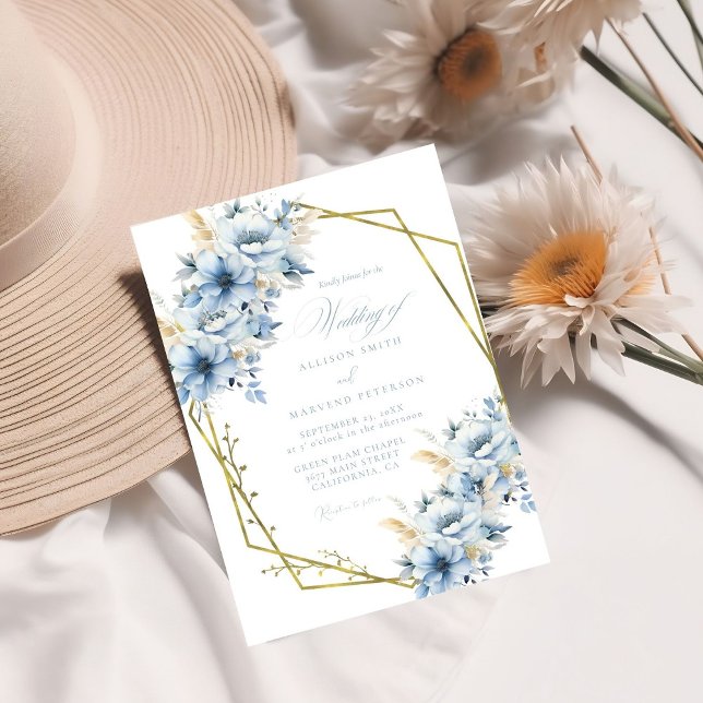 Invitation Élégant Mariage de trame géométrique Floral bleu (Créateur téléchargé)