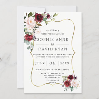 Invitation Élégant Mariage de trame or Bourgogne rose
