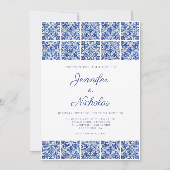 Invitation Elégant Mariage de tuiles Bleues Méditerranéennes (Devant)
