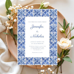 Invitation Elégant Mariage de tuiles Bleues Méditerranéennes