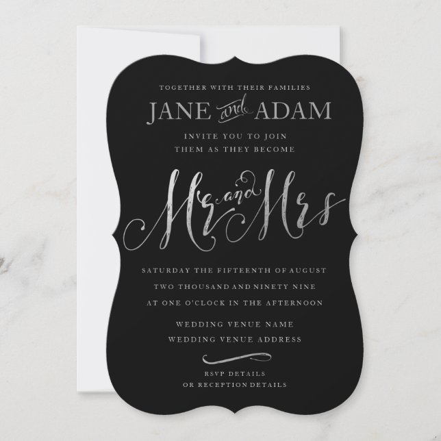 Invitation Elégant Mariage de typographie M. & Mme Black & Si (Devant)
