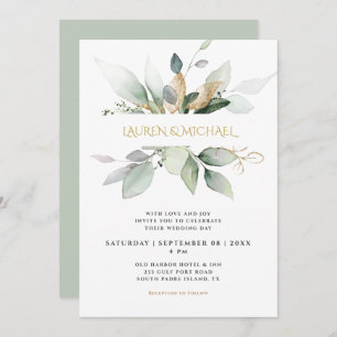 Invitation Elégant Mariage de verdure et d'or Eucalyptus