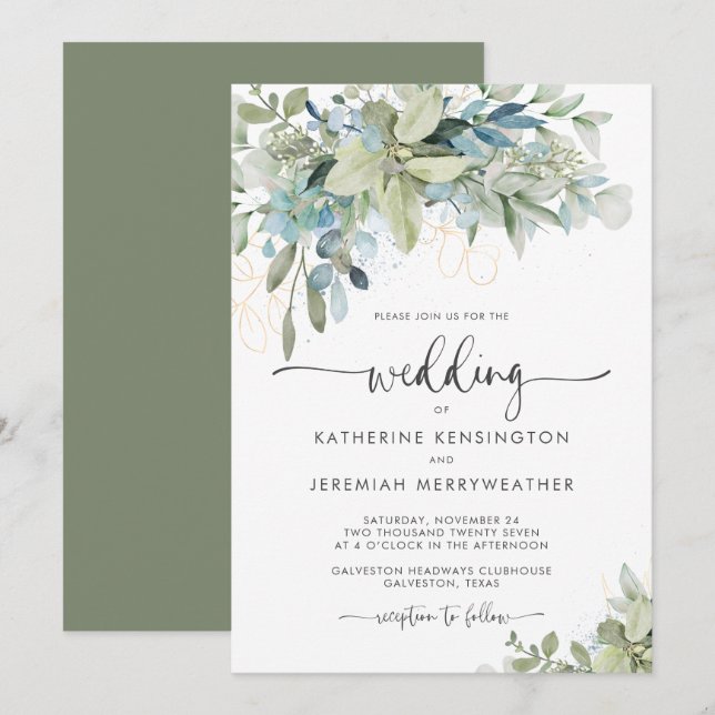 Invitation Elégant Mariage de verdure Eucalyptus (Devant / Derrière)