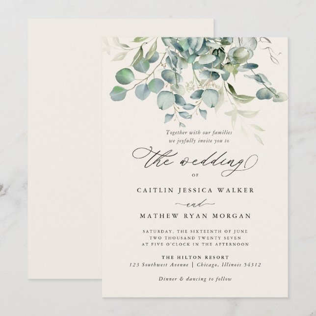 Invitation Elégant Mariage de verdure Eucalyptus (Devant / Derrière)