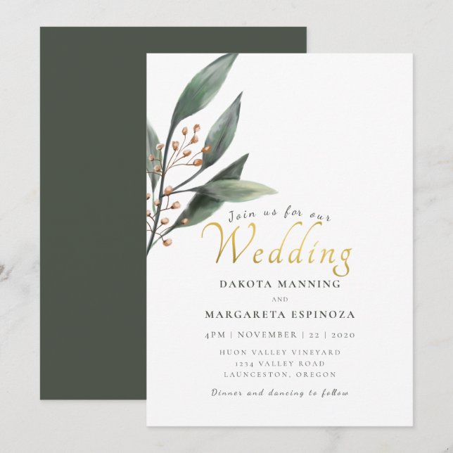Invitation Élégant mariage d'écriture d'or feuille verte (Devant / Derrière)