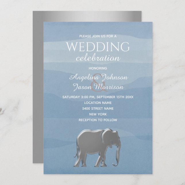 Invitation Elégant Mariage d'éléphant bleu Dusty (Devant / Derrière)