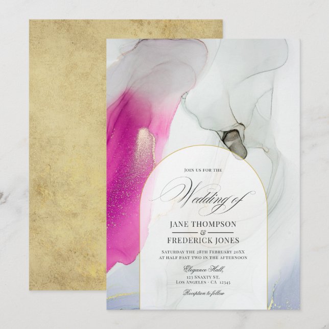 Invitation Élégant Mariage d'encre d'alcool rose, gris et or (Devant / Derrière)