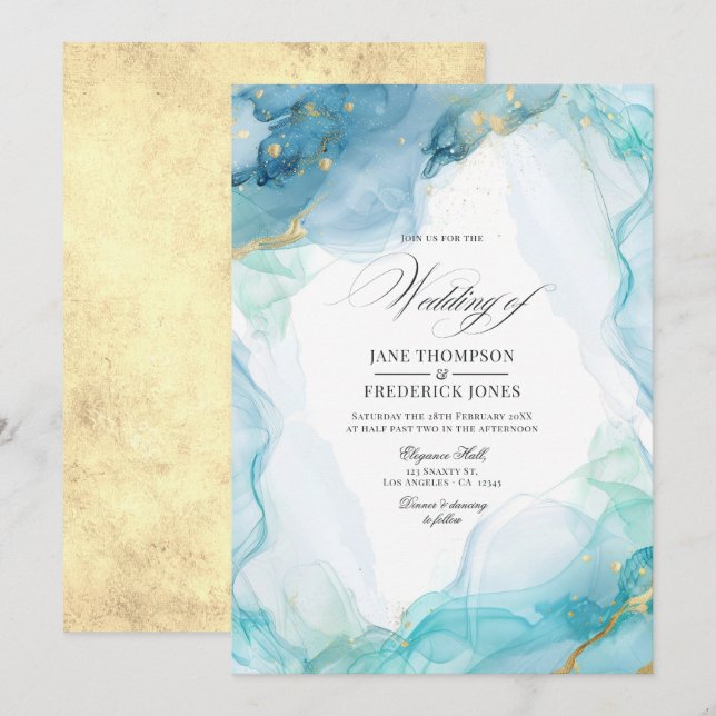 Invitation Elégant Mariage d'encre de marbre bleu et or (Devant / Derrière)