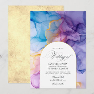 Invitation Élégant Mariage d'encre rose, bleu et or