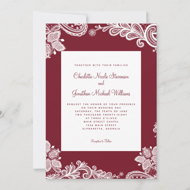 Invitation Élégant Mariage dentelle photo personnalisée Rouge (Devant)