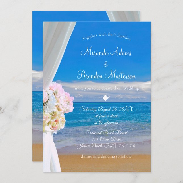 Invitation Élégant Mariage d'été de plage Florale (Devant / Derrière)