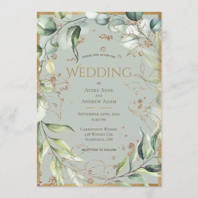 Invitation Élégant Mariage d'Eucalyptus d'or rustique (Devant)