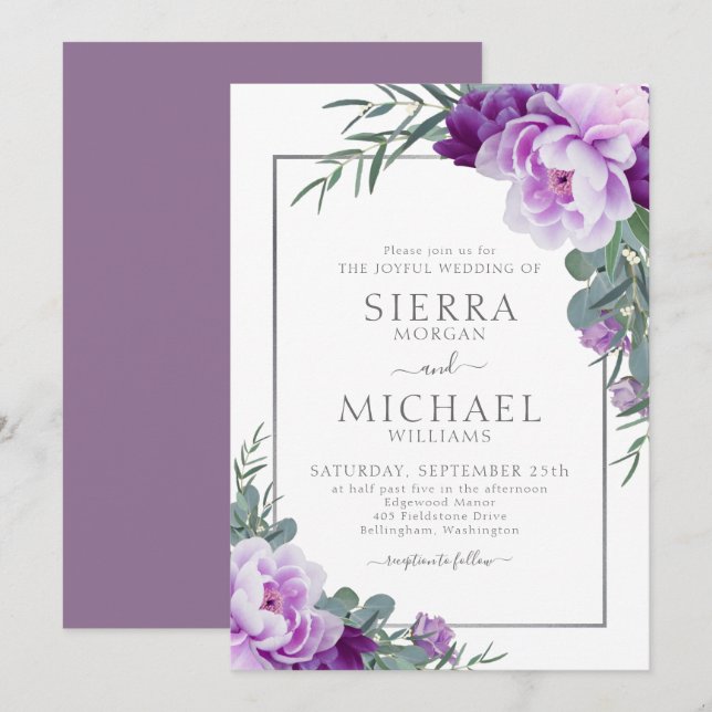 Invitation Élégant Mariage d'Eucalyptus Floral Purple & Argen (Devant / Derrière)