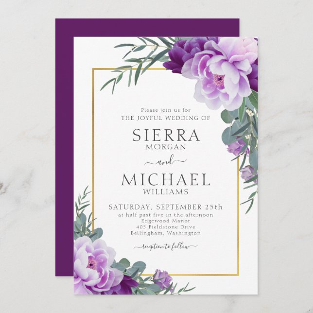 Invitation Élégant Mariage d'Eucalyptus Floral Purple & Or (Devant / Derrière)