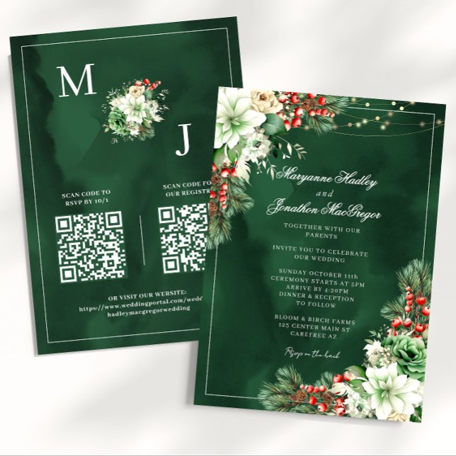 Invitation Élégant mariage d'hiver vert émeraude florale (Créateur téléchargé)