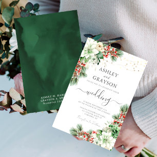 Invitation Élégant mariage d'hiver vert émeraude florale