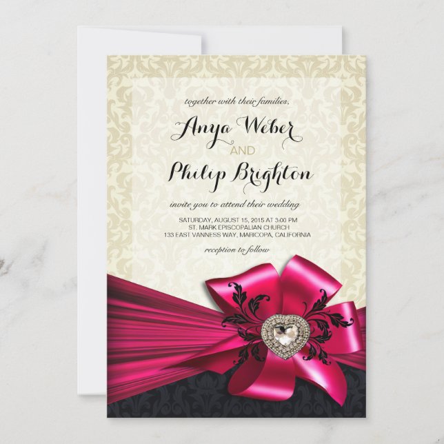 Invitation Élégant Mariage Diamante Satin Bow | fuchsia ivoir (Devant)