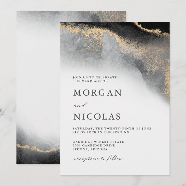 Invitation Élégant Mariage d'opulence marbré noir et or (Devant / Derrière)