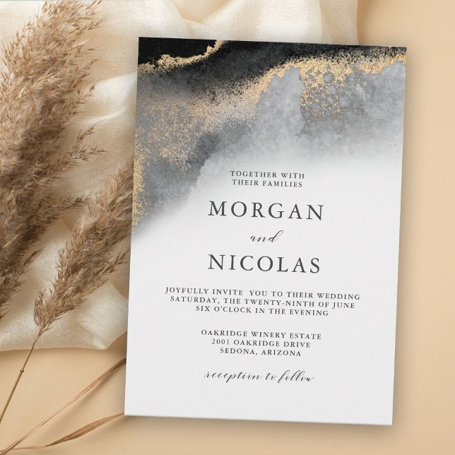 Invitation Élégant Mariage d'opulence marbré noir et or (Créateur téléchargé)
