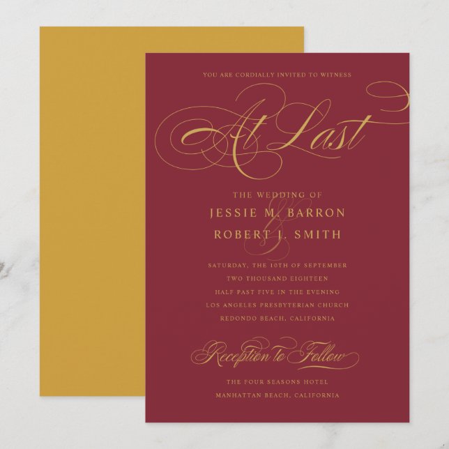 Invitation Élégant Mariage D'Or Bourgogne À Dernière Calligra (Devant / Derrière)