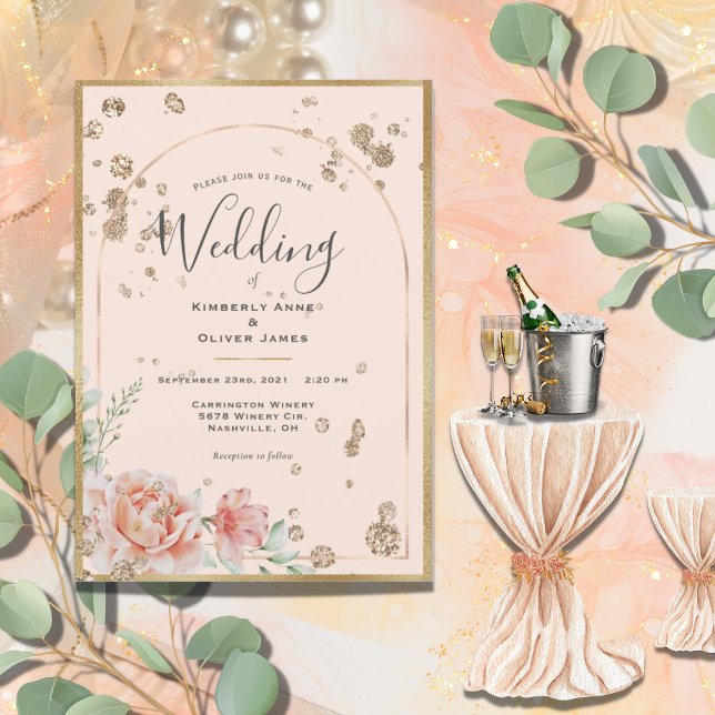 Invitation Élégant Mariage d'or de pêche florale (Créateur téléchargé)