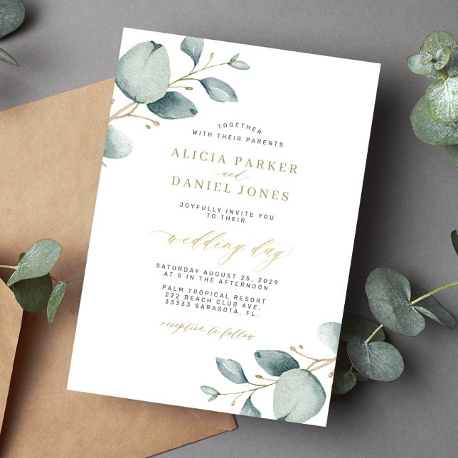 Invitation Elégant mariage d'or de verdure eucalyptus (Créateur téléchargé)
