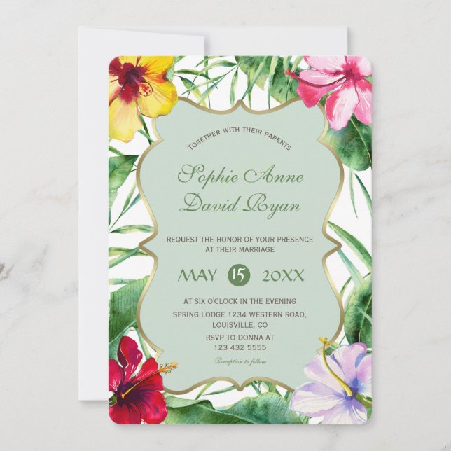 Invitation Élégant Mariage d'or Hibiscus en fleur tropicale (Devant)