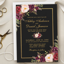 Élégant Mariage d'or noir floral bordeaux
