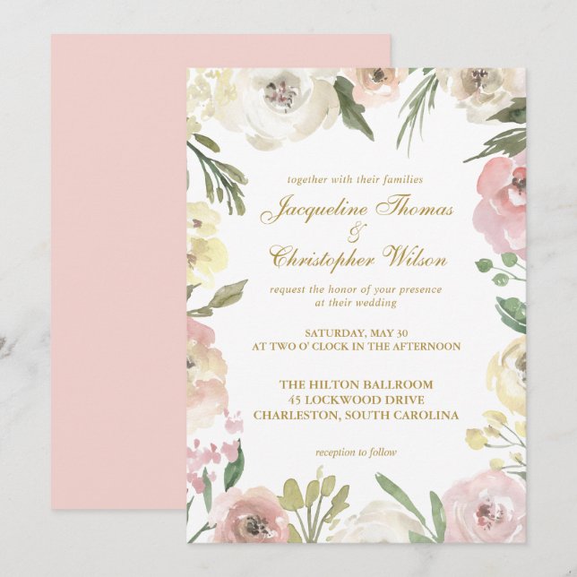 Invitation Élégant Mariage d'or rose rose rose flou printemps (Devant / Derrière)