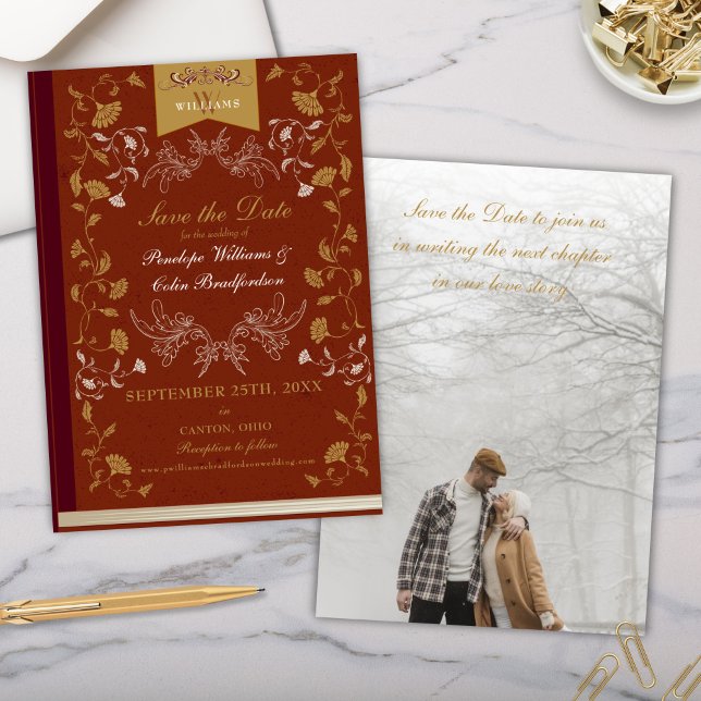 Invitation Élégant mariage d'or Terra Cotta Enregistrer la da (elegant terra cotta and gold wedding save the date invitation for vintage victorian era book lovers)
