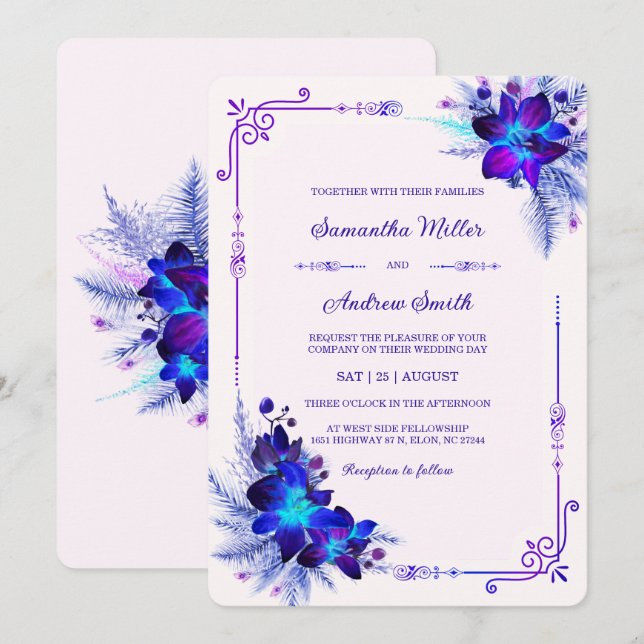 Invitation Elégant Mariage d'orchidée bleu et violet (Devant / Derrière)